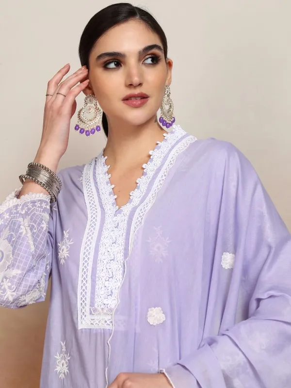 Vishudh Women Purple Embroidered Kurta With Trousers And Dupatta