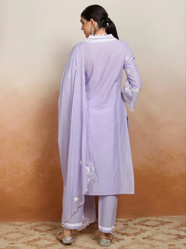 Vishudh Women Purple Embroidered Kurta With Trousers And Dupatta