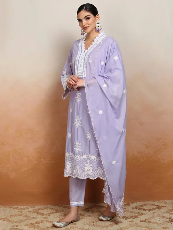 Vishudh Women Purple Embroidered Kurta With Trousers And Dupatta
