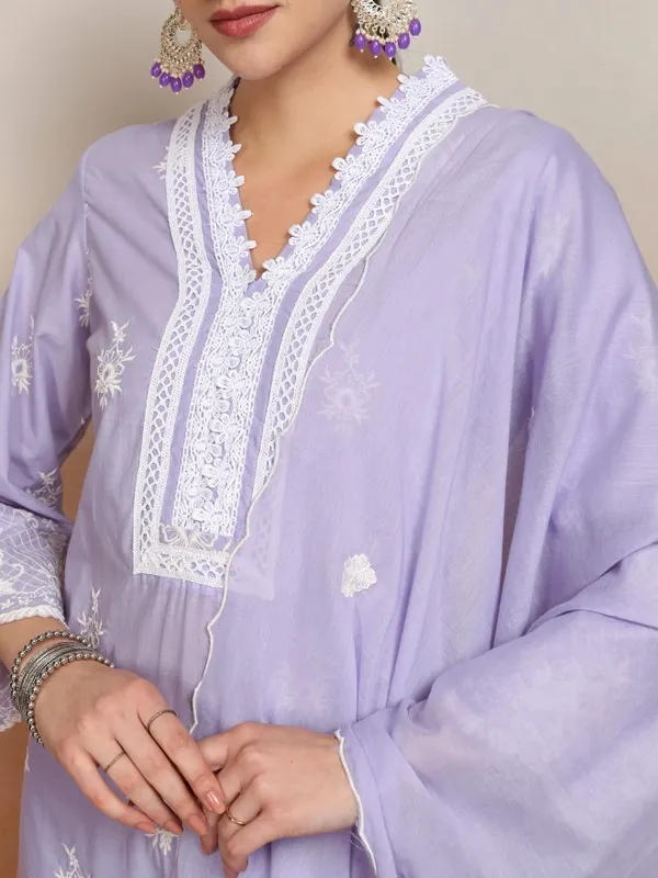 Vishudh Women Purple Embroidered Kurta With Trousers And Dupatta