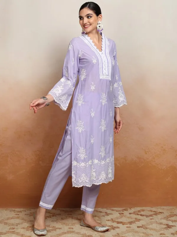 Vishudh Women Purple Embroidered Kurta With Trousers And Dupatta