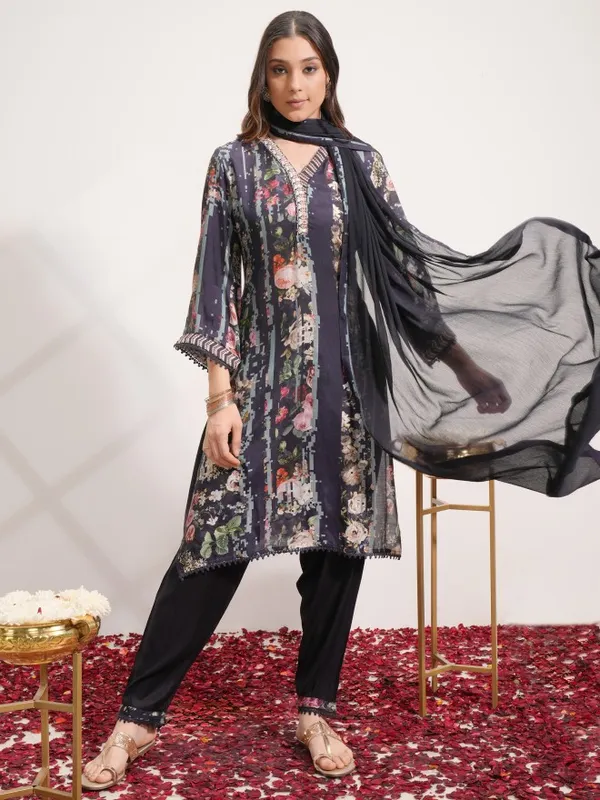 Vishudh Women Blue Printed Kurta With Trouser And Dupatta