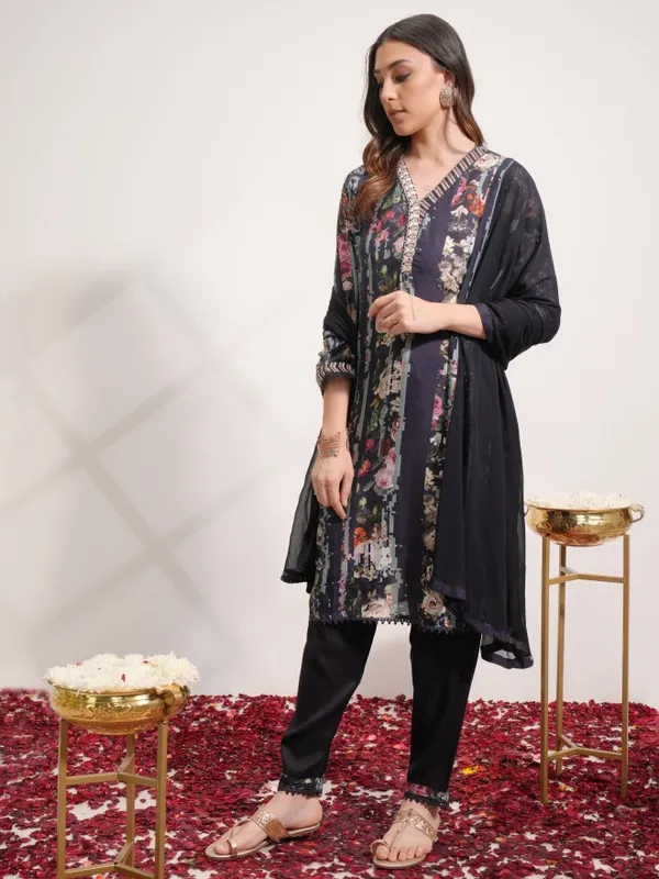 Vishudh Women Blue Printed Kurta With Trouser And Dupatta