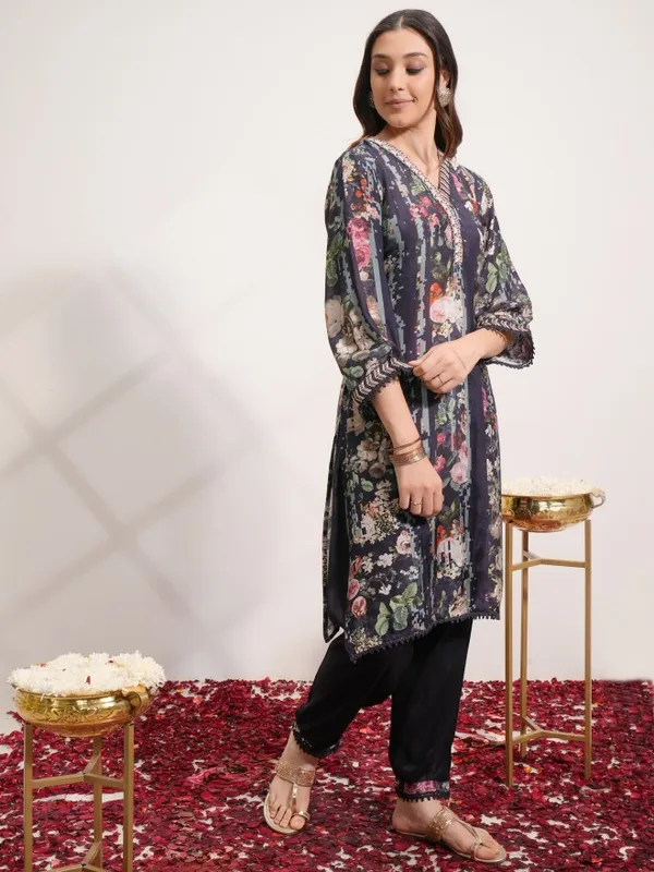 Vishudh Women Blue Printed Kurta With Trouser And Dupatta