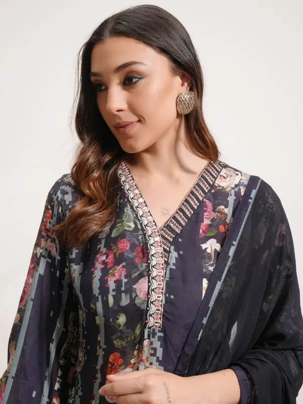 Vishudh Women Blue Printed Kurta With Trouser And Dupatta
