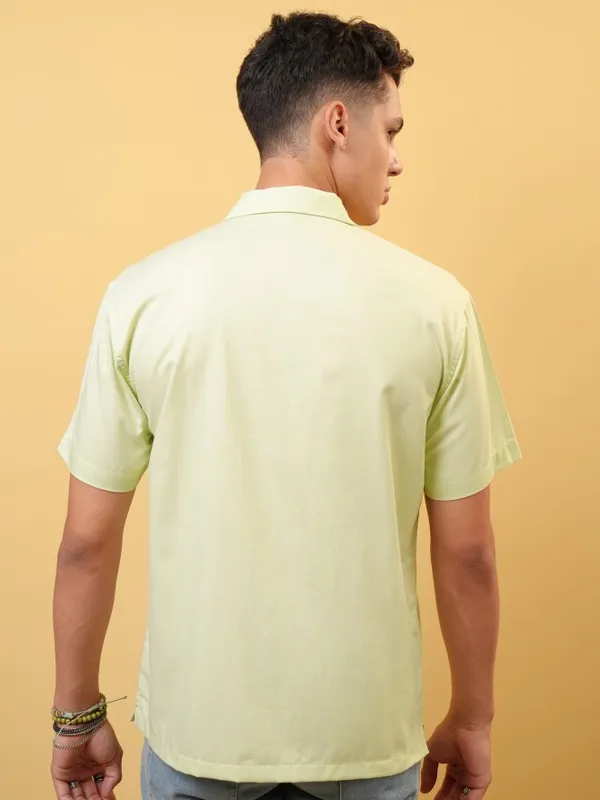 Locomotive Premium Men Light Mint Melange Textured Solid Cuban Collar Relaxed Shirt