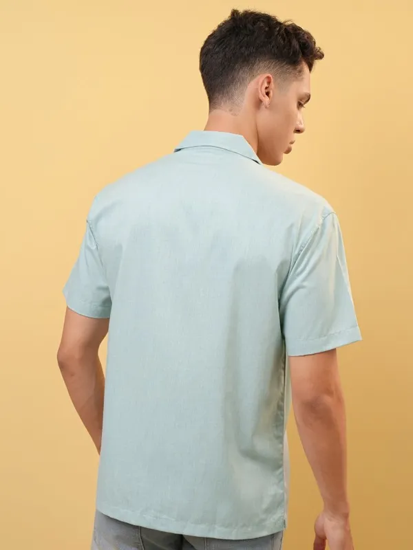 Locomotive Premium Men Aqua Melange Textured Solid Cuban Collar Relaxed Shirt