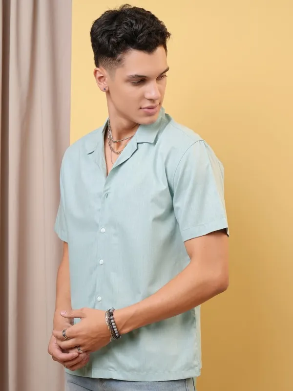 Locomotive Premium Men Aqua Melange Textured Solid Cuban Collar Relaxed Shirt
