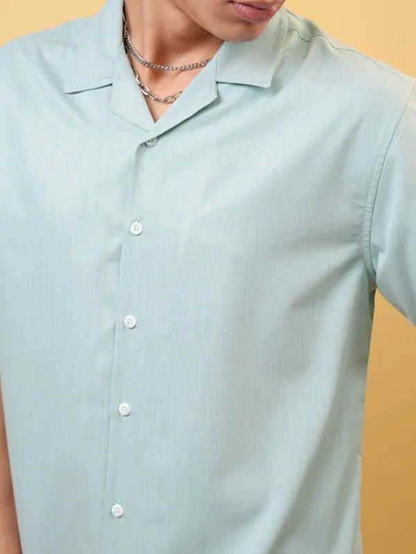 Locomotive Premium Men Aqua Melange Textured Solid Cuban Collar Relaxed Shirt
