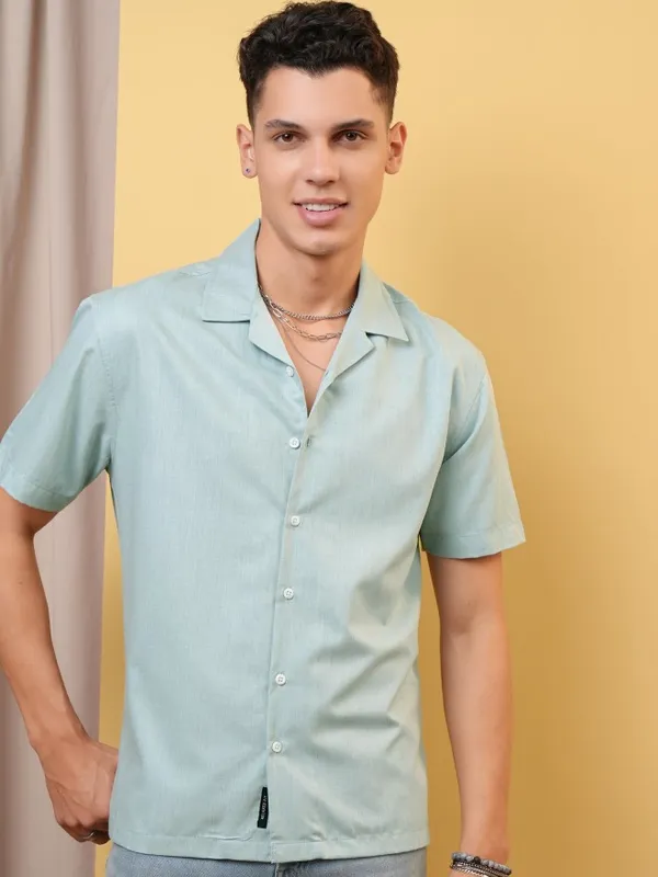 Locomotive Premium Men Aqua Melange Textured Solid Cuban Collar Relaxed Shirt