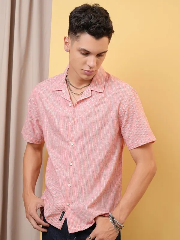 Locomotive Premium Men Coral Striped Cuban Collar Relaxed Shirt
