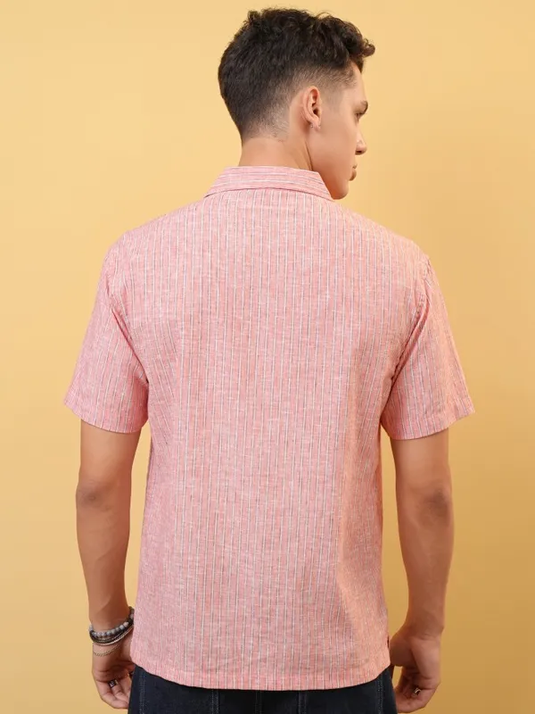 Locomotive Premium Men Coral Striped Cuban Collar Relaxed Shirt