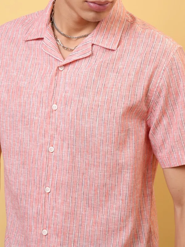 Locomotive Premium Men Coral Striped Cuban Collar Relaxed Shirt