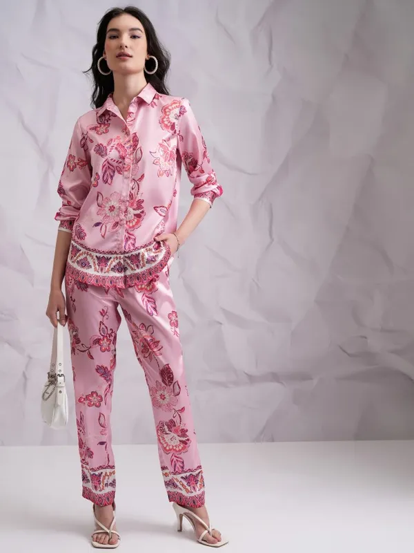 Tokyo Talkies Women Pink Shirt With Trousers Co-Ords
