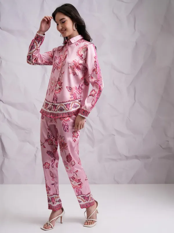 Tokyo Talkies Women Pink Shirt With Trousers Co-Ords