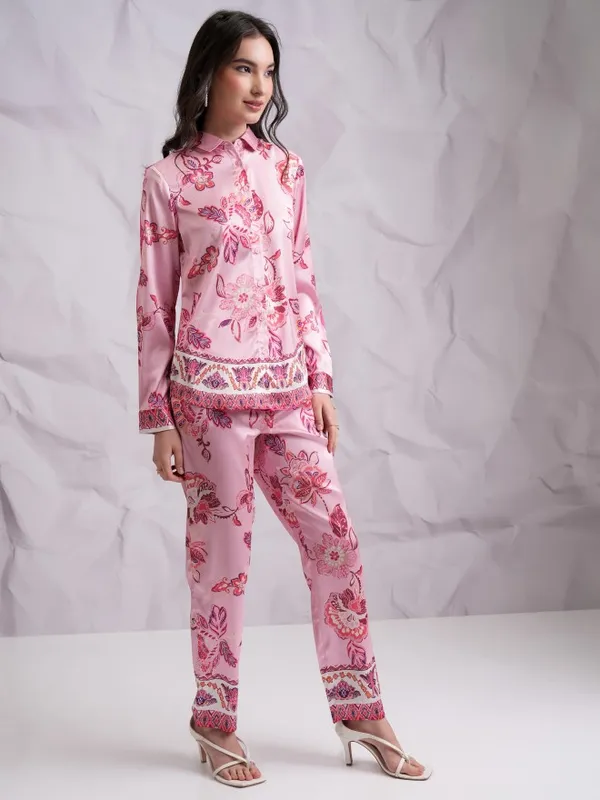 Tokyo Talkies Women Pink Shirt With Trousers Co-Ords