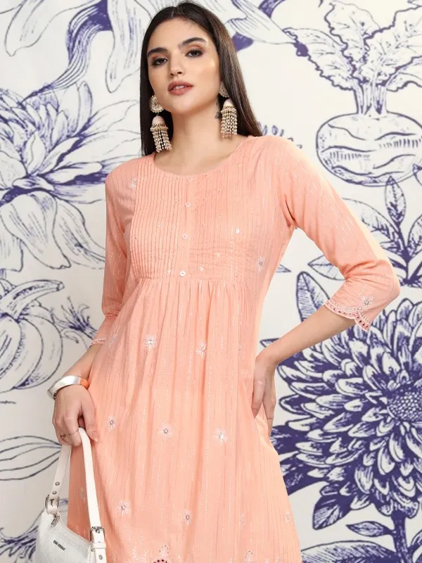 Vishudh Women Peach Embroidered Kurta With Trouser And Dupatta