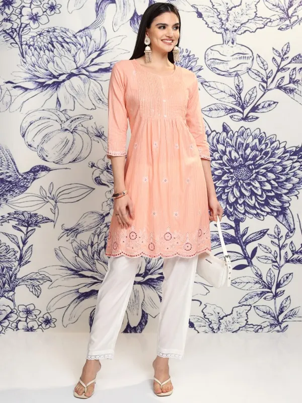 Vishudh Women Peach Embroidered Kurta With Trouser And Dupatta