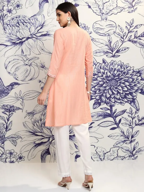 Vishudh Women Peach Embroidered Kurta With Trouser And Dupatta