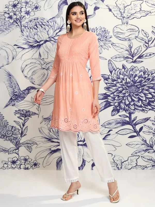 Vishudh Women Peach Embroidered Kurta With Trouser And Dupatta