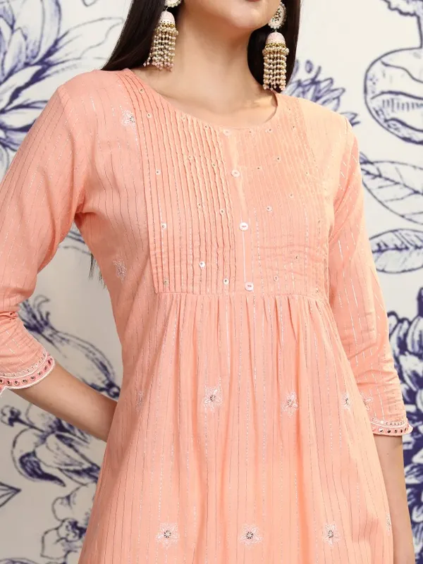 Vishudh Women Peach Embroidered Kurta With Trouser And Dupatta