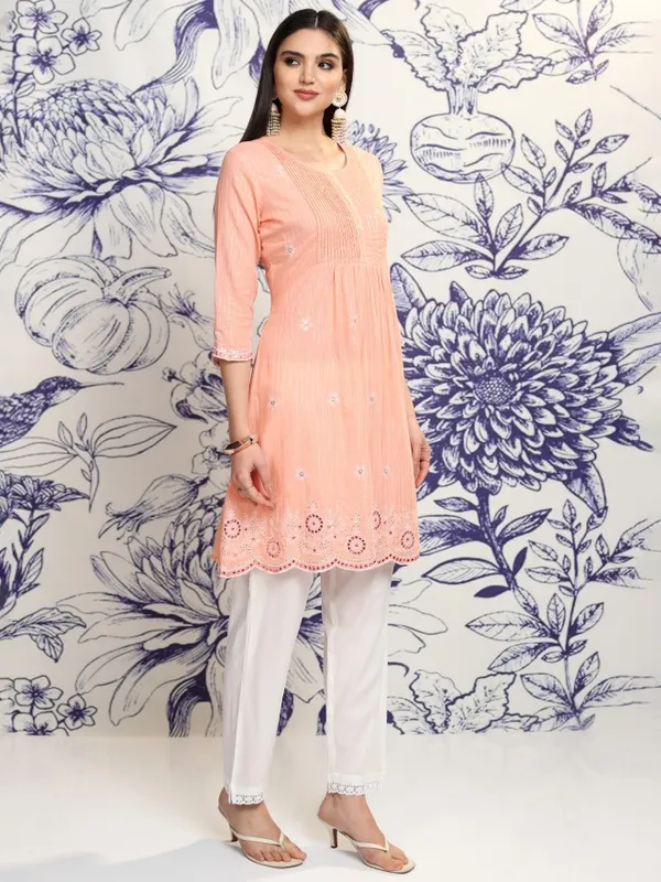 Vishudh Women Peach Embroidered Kurta With Trouser And Dupatta