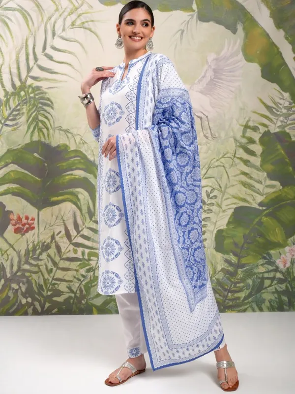 Vishudh Women Blue Printed Kurta With Trouser And Dupatta