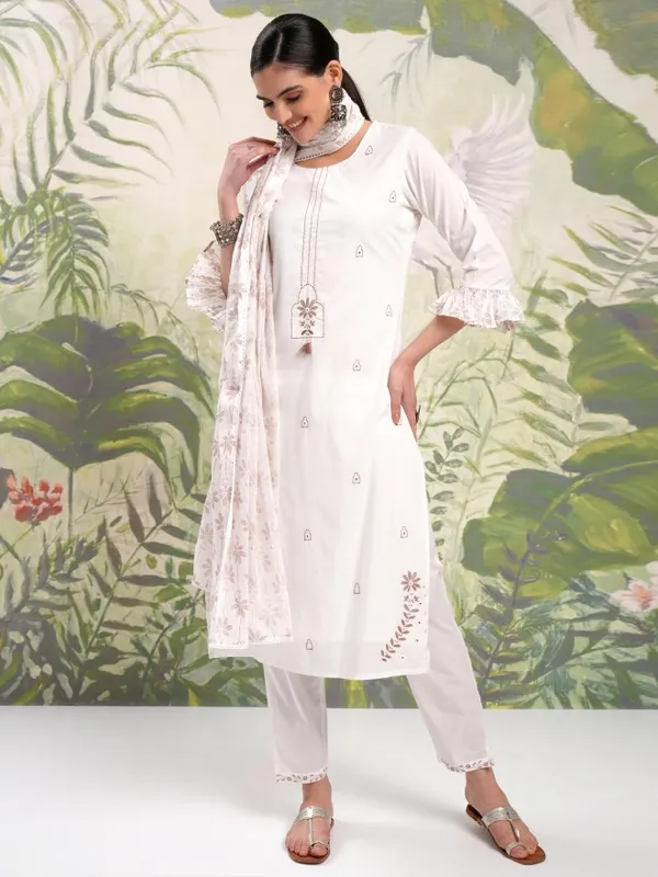 Vishudh Women White Embroidered Kurta With Trousers And Dupatta