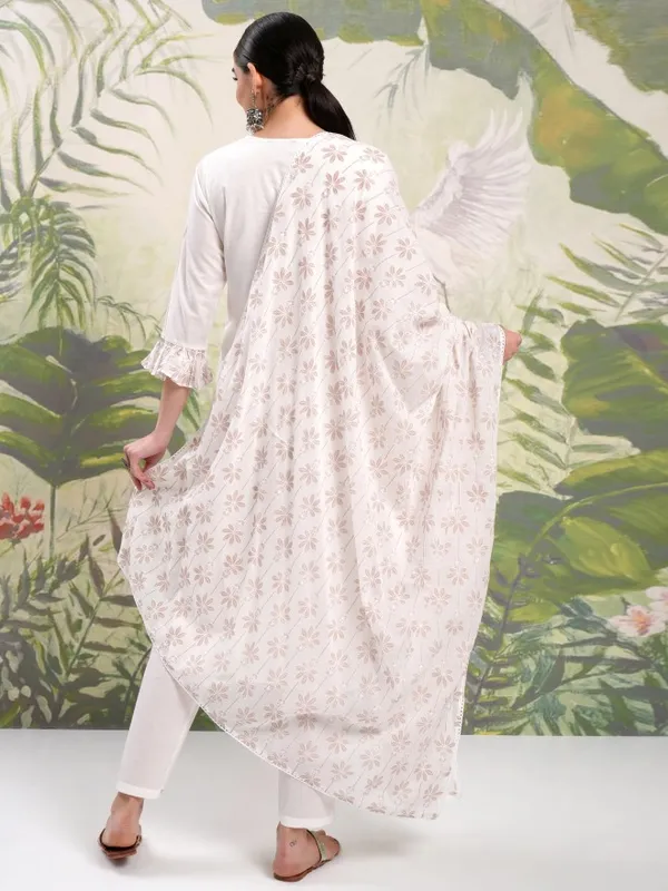 Vishudh Women White Embroidered Kurta With Trousers And Dupatta