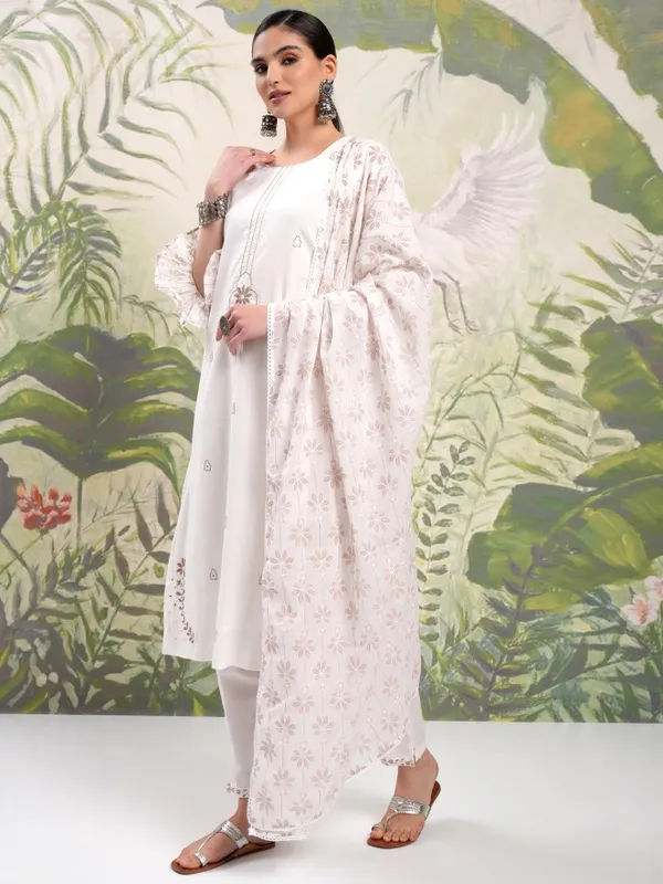 Vishudh Women White Embroidered Kurta With Trousers And Dupatta