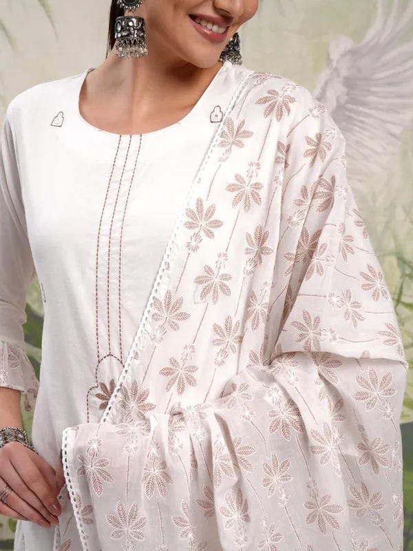 Vishudh Women White Embroidered Kurta With Trousers And Dupatta