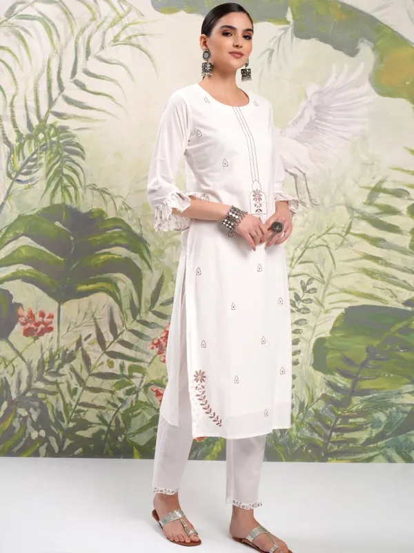 Vishudh Women White Embroidered Kurta With Trousers And Dupatta