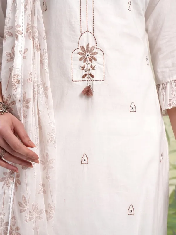 Vishudh Women White Embroidered Kurta With Trousers And Dupatta