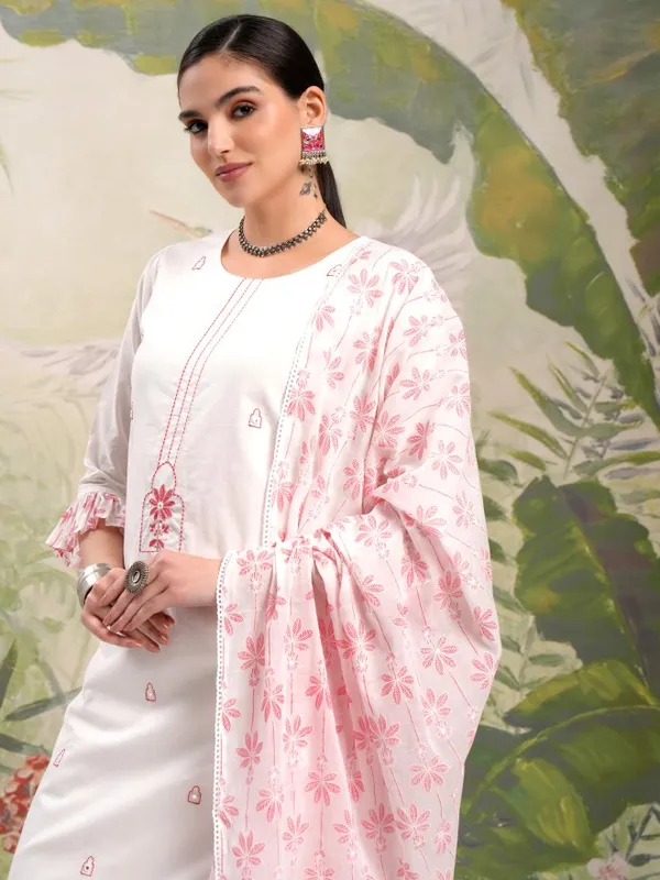 Vishudh Women White Embroidered Kurta With Trousers And Dupatta