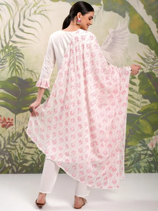 Vishudh Women White Embroidered Kurta With Trousers And Dupatta