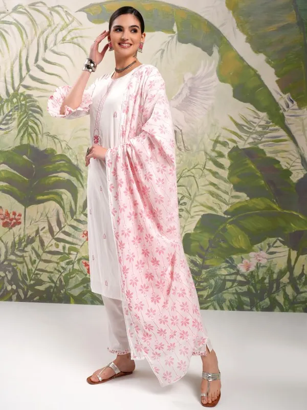 Vishudh Women White Embroidered Kurta With Trousers And Dupatta