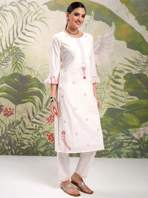 Vishudh Women White Embroidered Kurta With Trousers And Dupatta