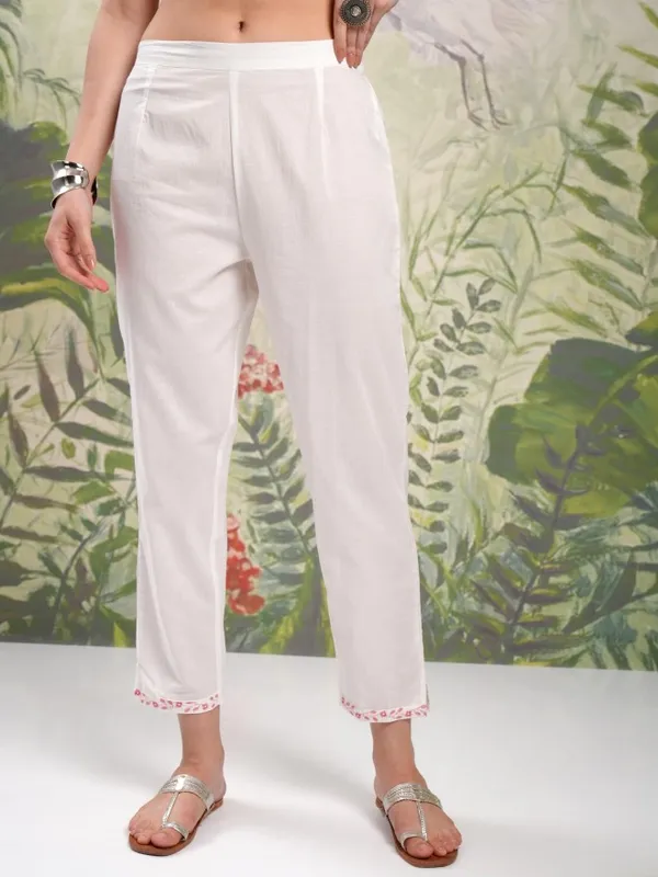 Vishudh Women White Embroidered Kurta With Trousers And Dupatta