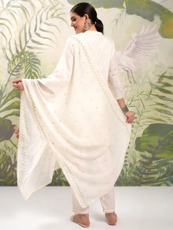 Vishudh Women Cream Embroidered Kurta With Trouser And Dupatta
