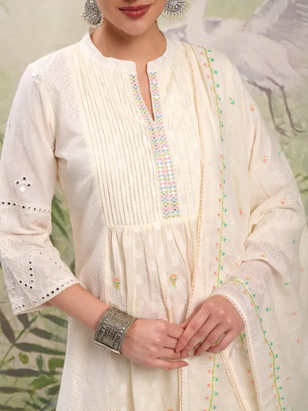 Vishudh Women Cream Embroidered Kurta With Trouser And Dupatta