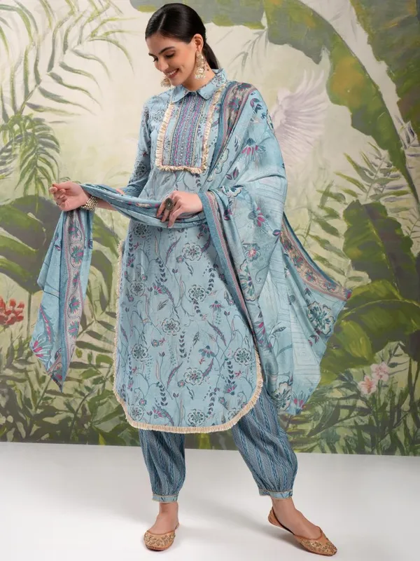 Vishudh Women Blue Printed Kurta With Trousers And Dupatta