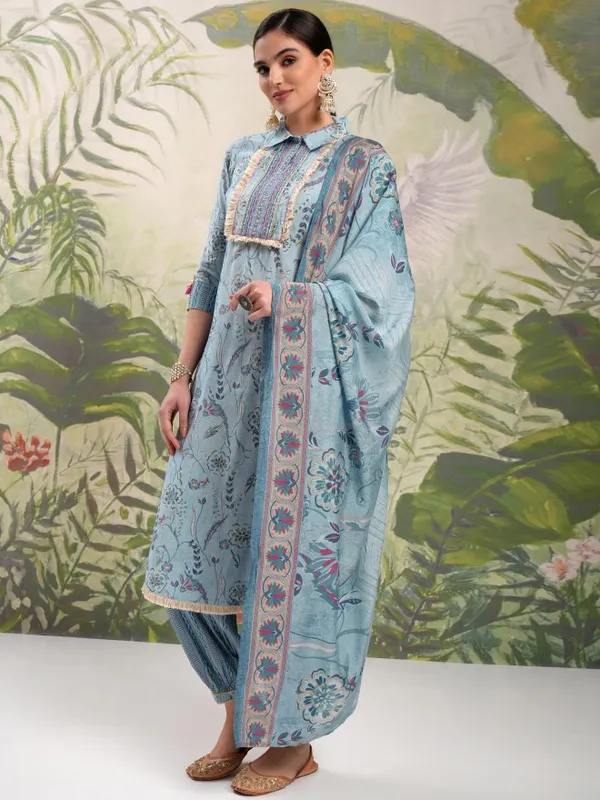 Vishudh Women Blue Printed Kurta With Trousers And Dupatta