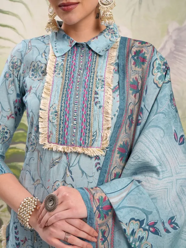Vishudh Women Blue Printed Kurta With Trousers And Dupatta