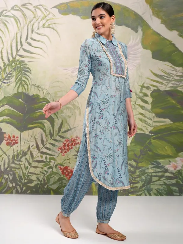 Vishudh Women Blue Printed Kurta With Trousers And Dupatta
