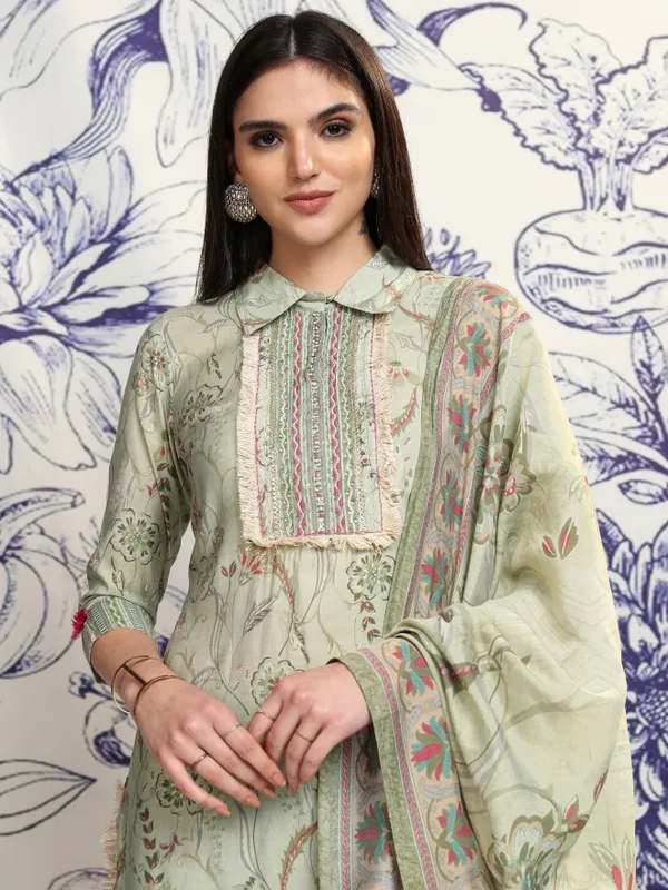 Vishudh Women Green Printed Kurta With Trousers And Dupatta