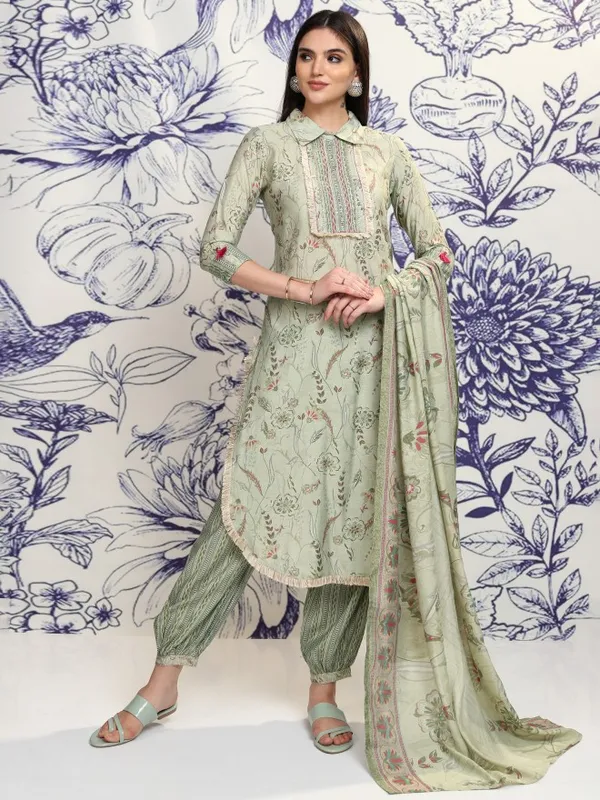 Vishudh Women Green Printed Kurta With Trousers And Dupatta