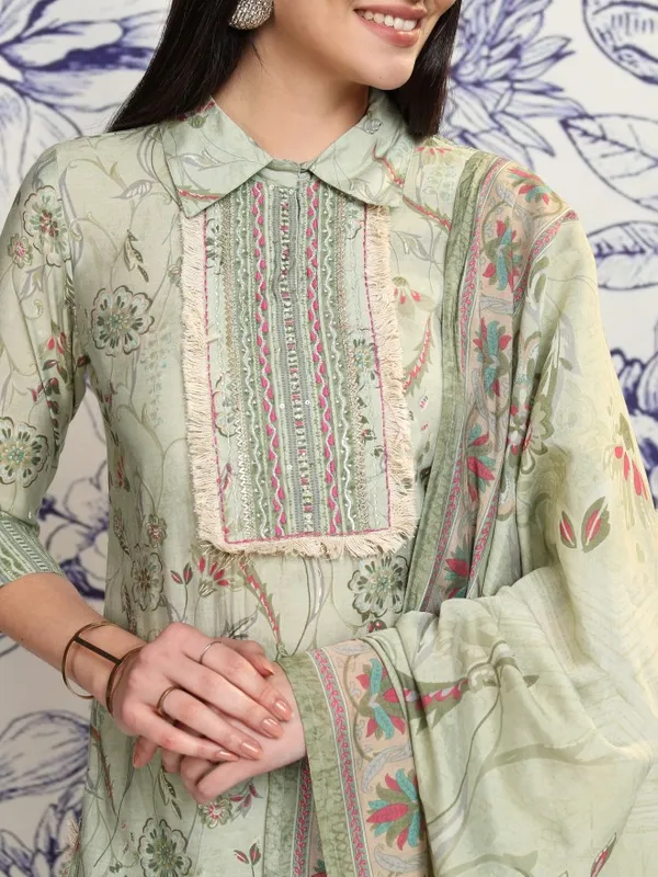 Vishudh Women Green Printed Kurta With Trousers And Dupatta