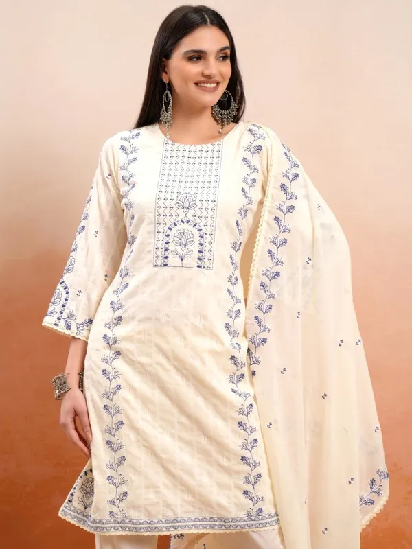 Vishudh Women Cream Embroidered Kurta With Trousers And Dupatta