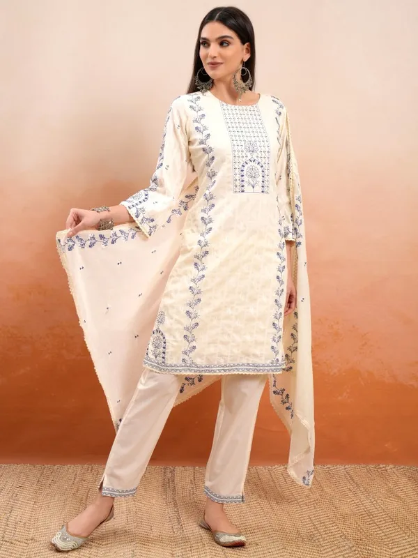 Vishudh Women Cream Embroidered Kurta With Trousers And Dupatta