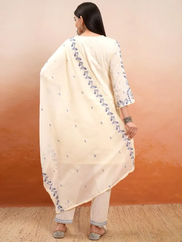 Vishudh Women Cream Embroidered Kurta With Trousers And Dupatta